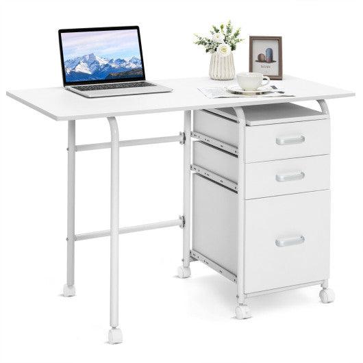Home Office Folding Computer Laptop Desk Wheeled with 3 Drawers-White at Set Shop and Smile