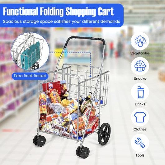 Folding Shopping Cart for Laundry with Swiveling Wheels and Dual Storage Baskets-Sliver at Set Shop and Smile