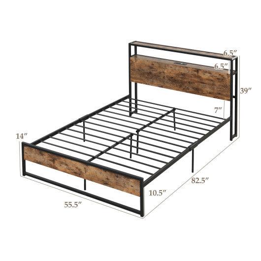 Full/Queen Bed Frame with 2-Tier Storage Headboard and Charging Station-Full Size at Set Shop and Smile