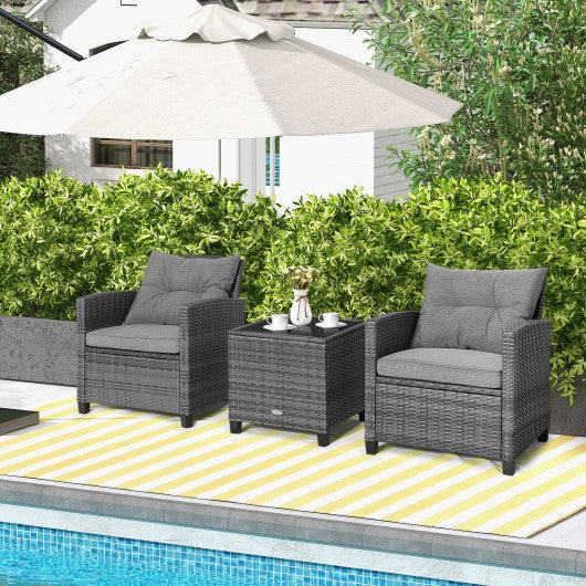 3 Pieces Outdoor Wicker Conversation Set with Tempered Glass Tabletop-Gray at Set Shop and Smile