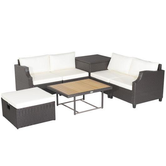 7 Pieces Hand-Woven Wicker Outdoor Furniture Set with Acacia Wood Coffee Table-White at Set Shop and Smile