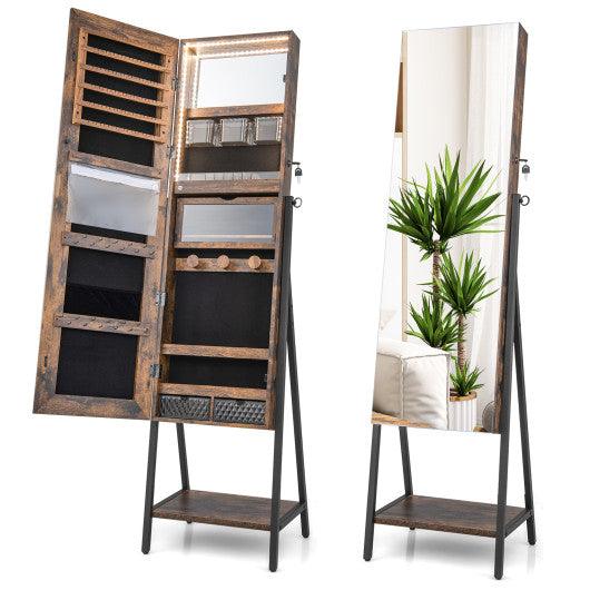 Freestanding Jewelry Cabinet with Full-Length Mirror-Rustic Brown at Set Shop and Smile