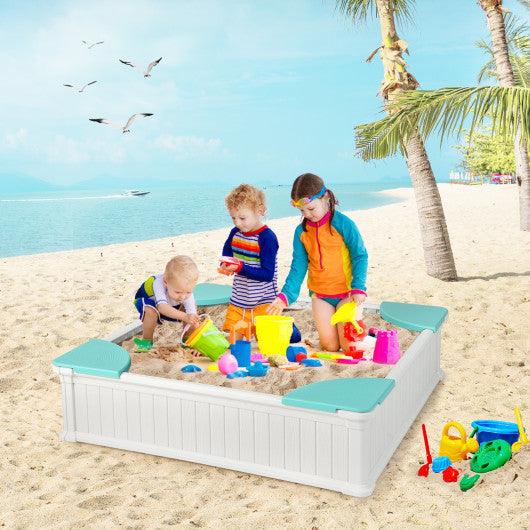 Kids Outdoor Sandbox with Oxford Cover and 4 Corner Seats-White at Set Shop and Smile