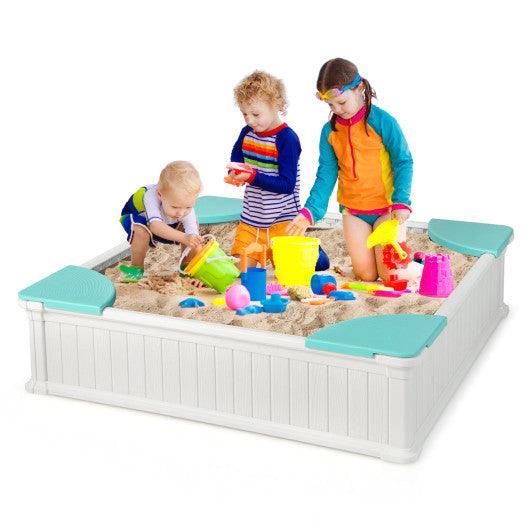 Kids Outdoor Sandbox with Oxford Cover and 4 Corner Seats-White at Set Shop and Smile