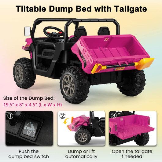 2-Seater Kids Ride On Dump Truck with Dump Bed and Shovel-Pink at Set Shop and Smile