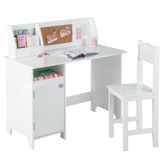 Wooden Kids Study Desk and Chair Set with Storage Cabinet and Bulletin Board-White at Set Shop and Smile