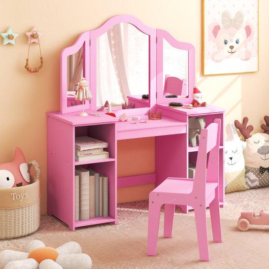 Kids Vanity Table and Chair Set with Removable Tri-Folding Mirror-Pink at Set Shop and Smile