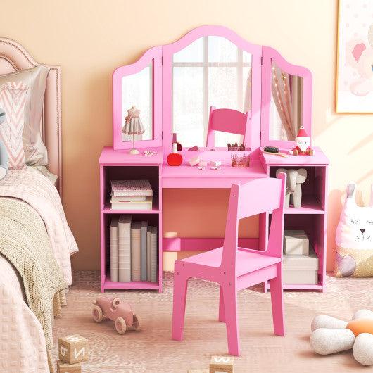 Kids Vanity Table and Chair Set with Removable Tri-Folding Mirror-Pink at Set Shop and Smile