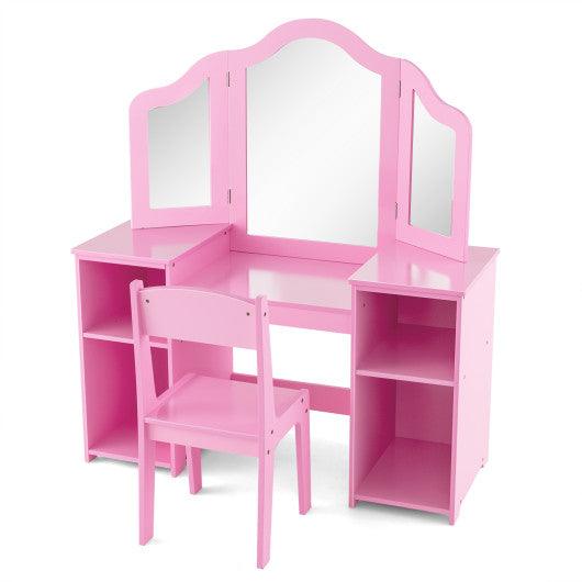 Kids Vanity Table and Chair Set with Removable Tri-Folding Mirror-Pink at Set Shop and Smile