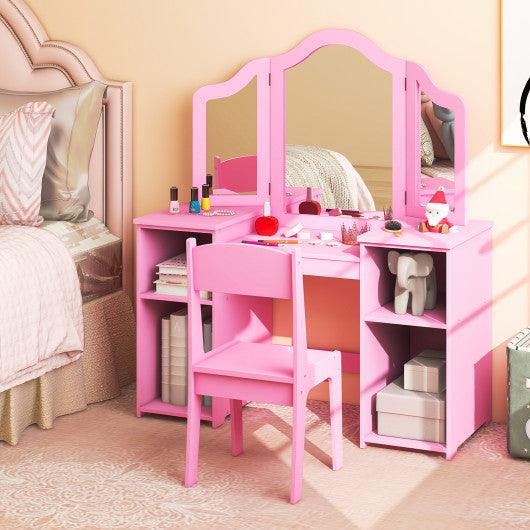 Kids Vanity Table and Chair Set with Removable Tri-Folding Mirror-Pink at Set Shop and Smile
