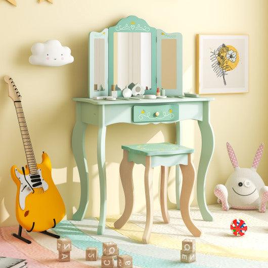 Kids Vanity Set with Tri-folding Mirror-Green at Set Shop and Smile