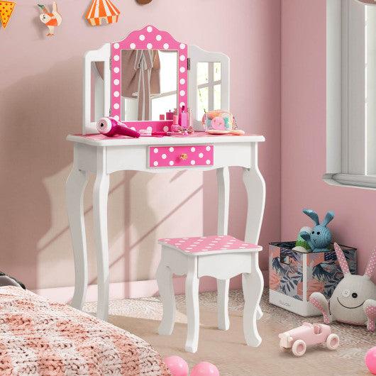 Kids Vanity Table and Stool Set with Cute Polka Dot Print-Pink at Set Shop and Smile