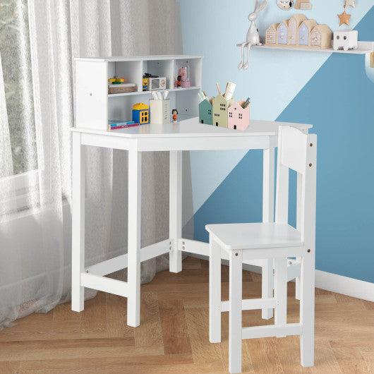 Kids Wooden Corner Desk and Chair Set with Hutch and Storage-White at Set Shop and Smile