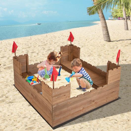 Kids Wooden Sandbox with Bottom Liner and Red Flags at Set Shop and Smile