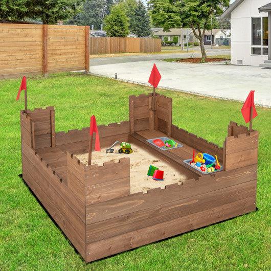 Kids Wooden Sandbox with Bottom Liner and Red Flags at Set Shop and Smile