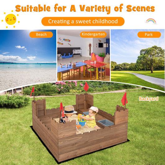 Kids Wooden Sandbox with Bottom Liner and Red Flags at Set Shop and Smile