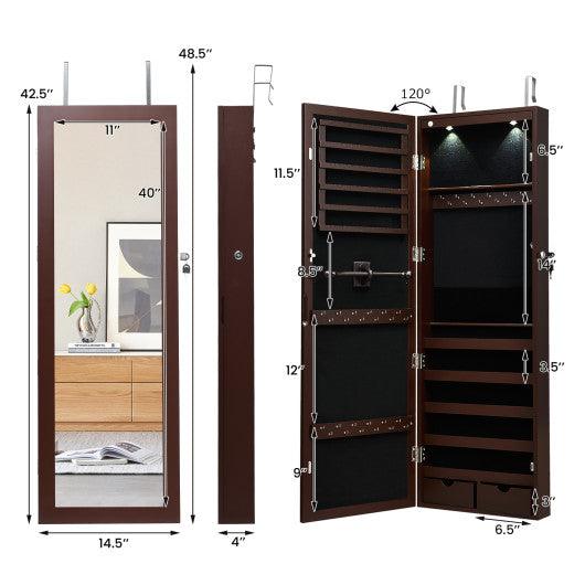Lockable Wall Mount Mirrored Jewelry Cabinet with LED Lights-Brown at Set Shop and Smile