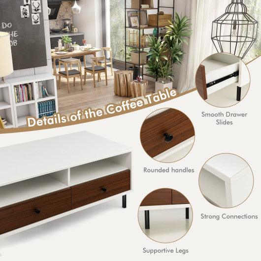 2 Tier 40 Inch Length Modern Rectangle Coffee Table with Storage Shelf and Drawers-White at Set Shop and Smile