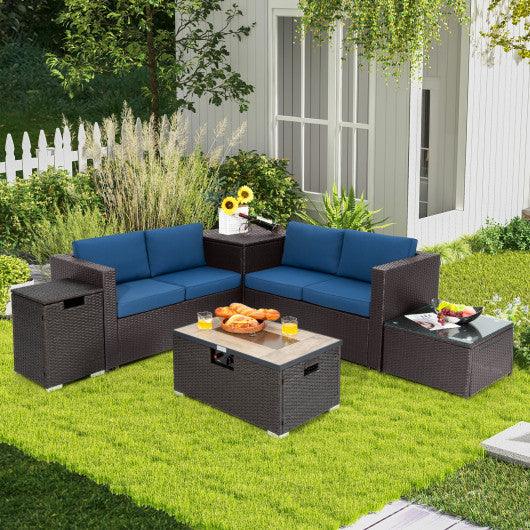 6 Pieces Outdoor Wicker Furniture Set with 32 Inch Propane Fire Pit Table-Navy at Set Shop and Smile