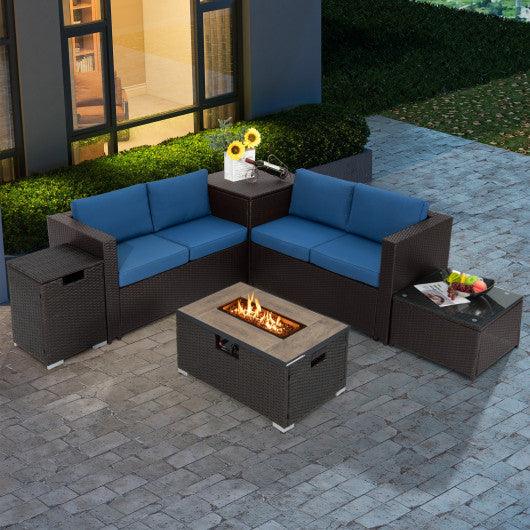 6 Pieces Outdoor Wicker Furniture Set with 32 Inch Propane Fire Pit Table-Navy at Set Shop and Smile