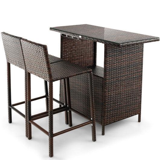 3 Pieces Outdoor Wicker Bar Set with 3 Rows Stemware Racks at Set Shop and Smile