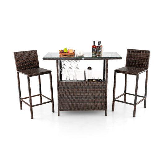 3 Pieces Outdoor Wicker Bar Set with 3 Rows Stemware Racks at Set Shop and Smile