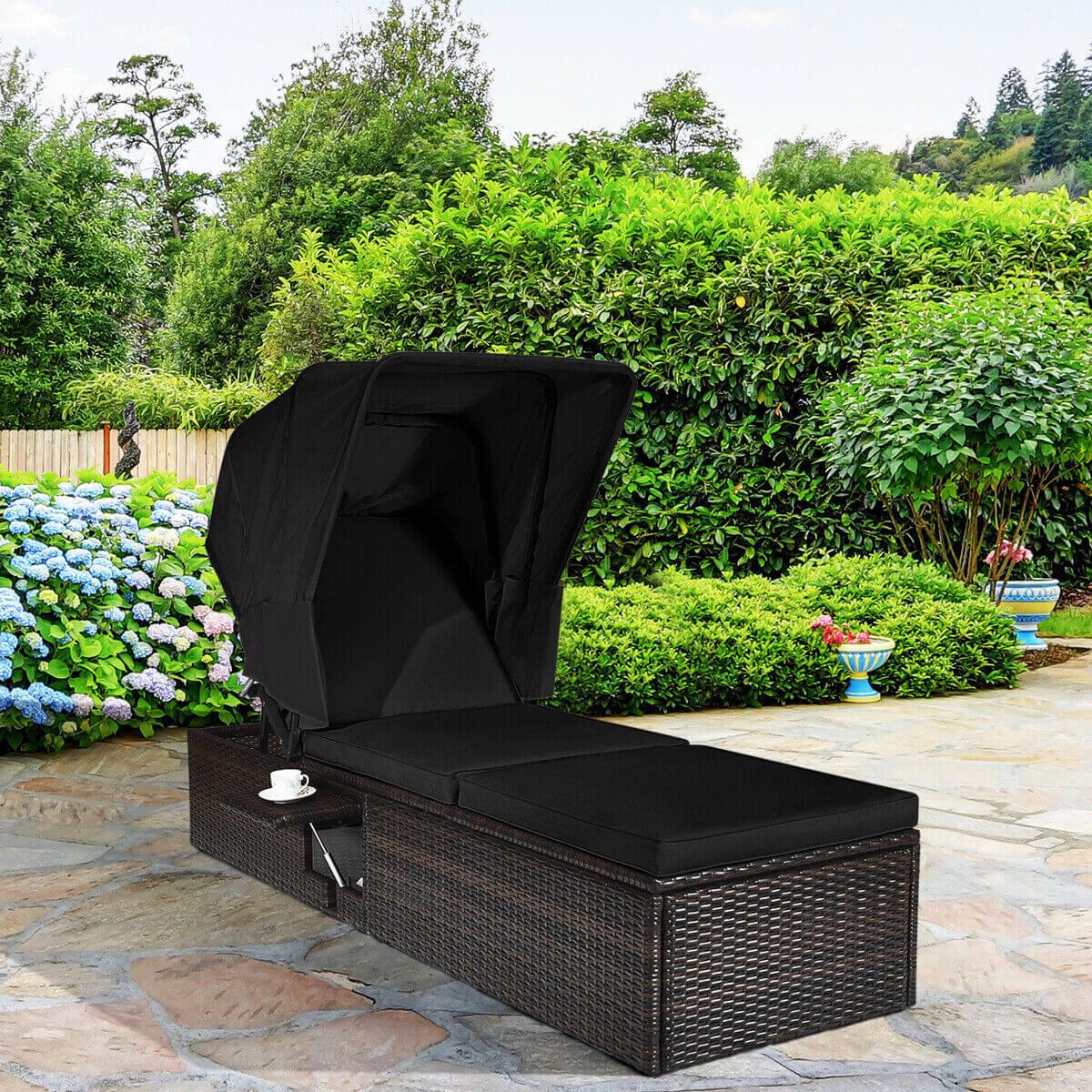 Outdoor Adjustable Cushioned Chaise Lounge Chair with Folding Canopy-Black at Set Shop and Smile