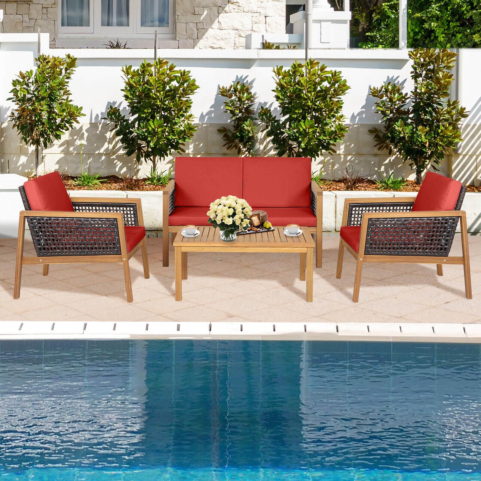 4 Pieces Patio Rattan Furniture Set with Removable Cushions-Red at Set Shop and Smile