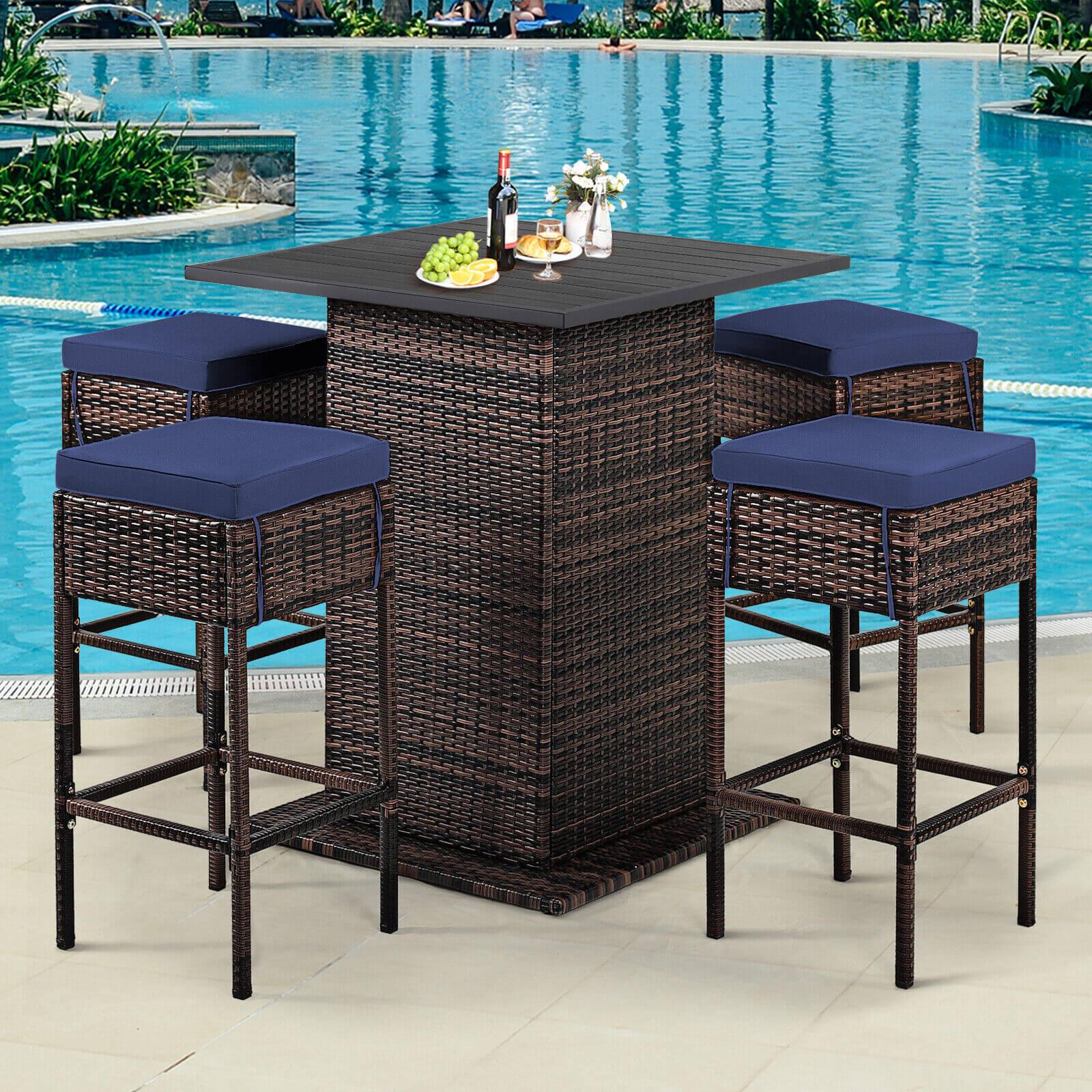 5 Pieces Patio Rattan Bar Table Stool Set Hidden Storage Shelf Cushioned-Navy at Set Shop and Smile