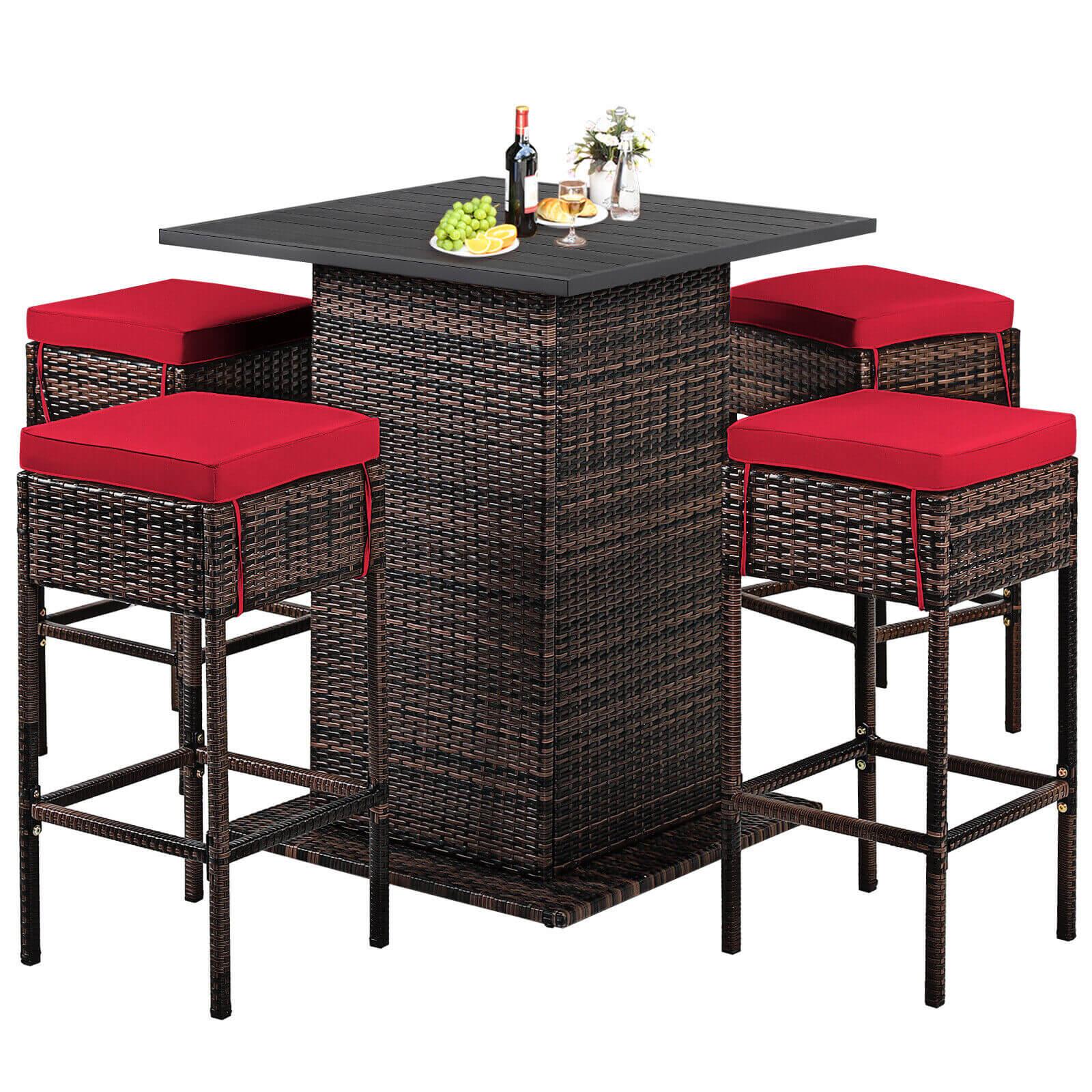 5 Pieces Patio Rattan Bar Table Stool Set Hidden Storage Shelf Cushioned-Red at Set Shop and Smile