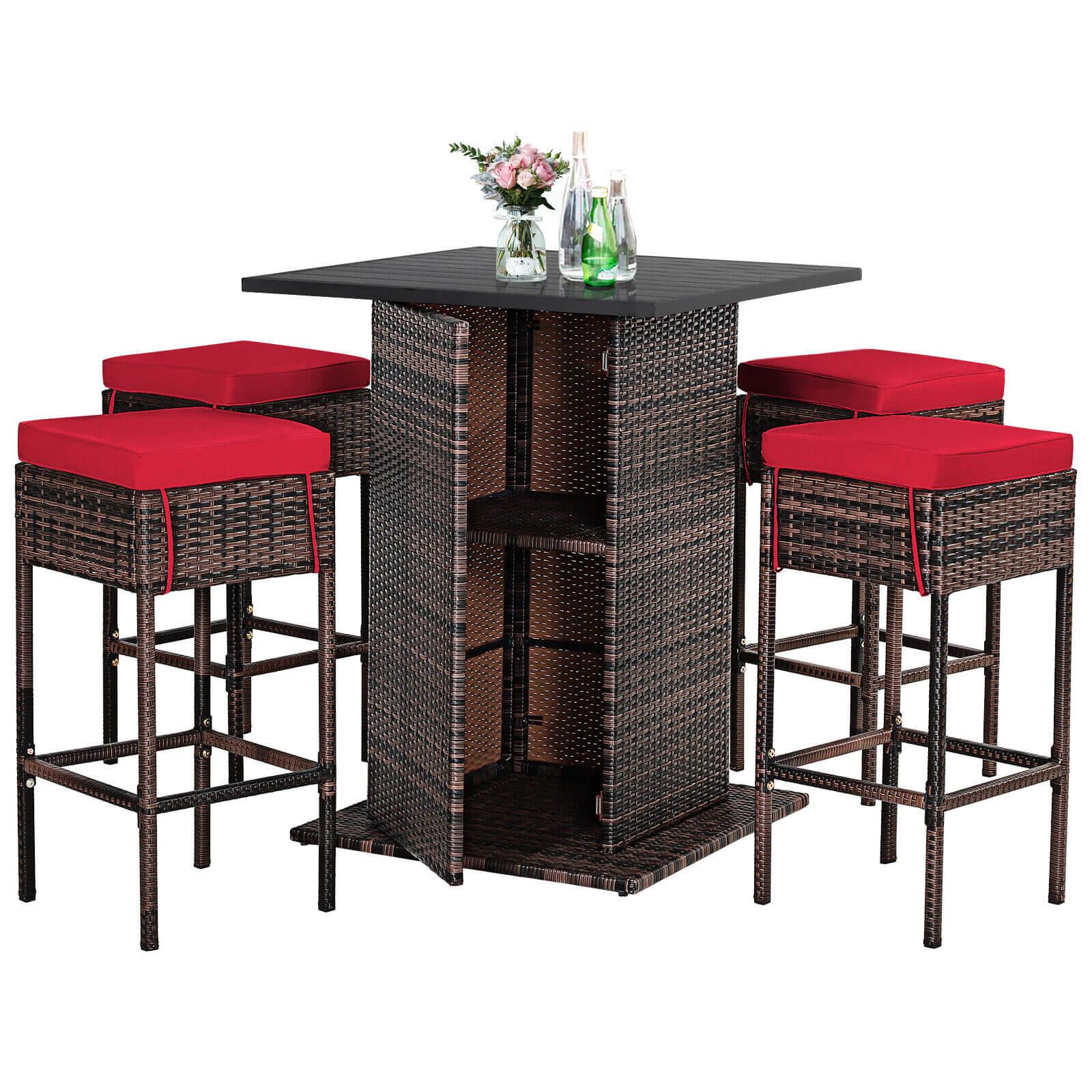 5 Pieces Patio Rattan Bar Table Stool Set Hidden Storage Shelf Cushioned-Red at Set Shop and Smile