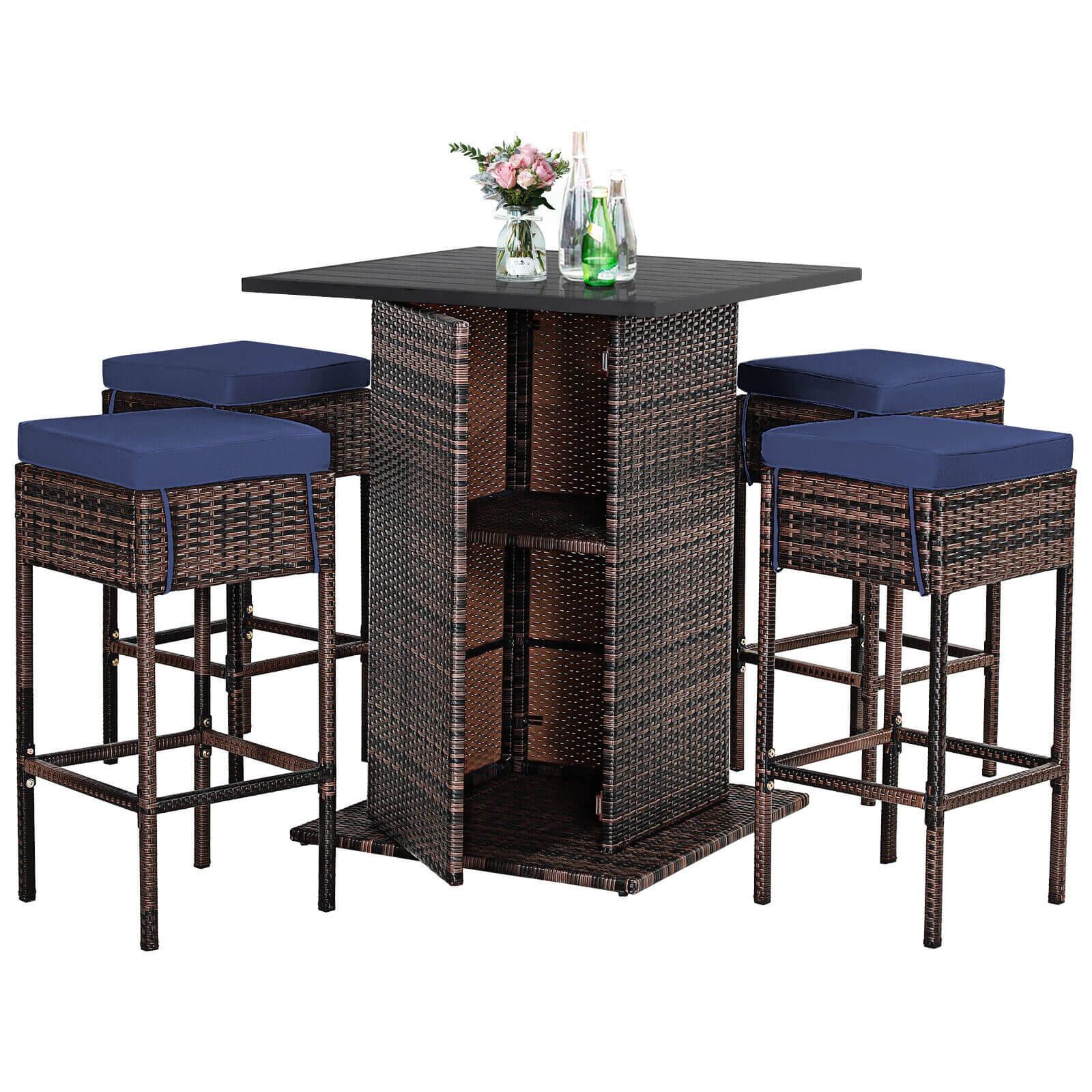 5 Pieces Patio Rattan Bar Table Stool Set Hidden Storage Shelf Cushioned-Navy at Set Shop and Smile