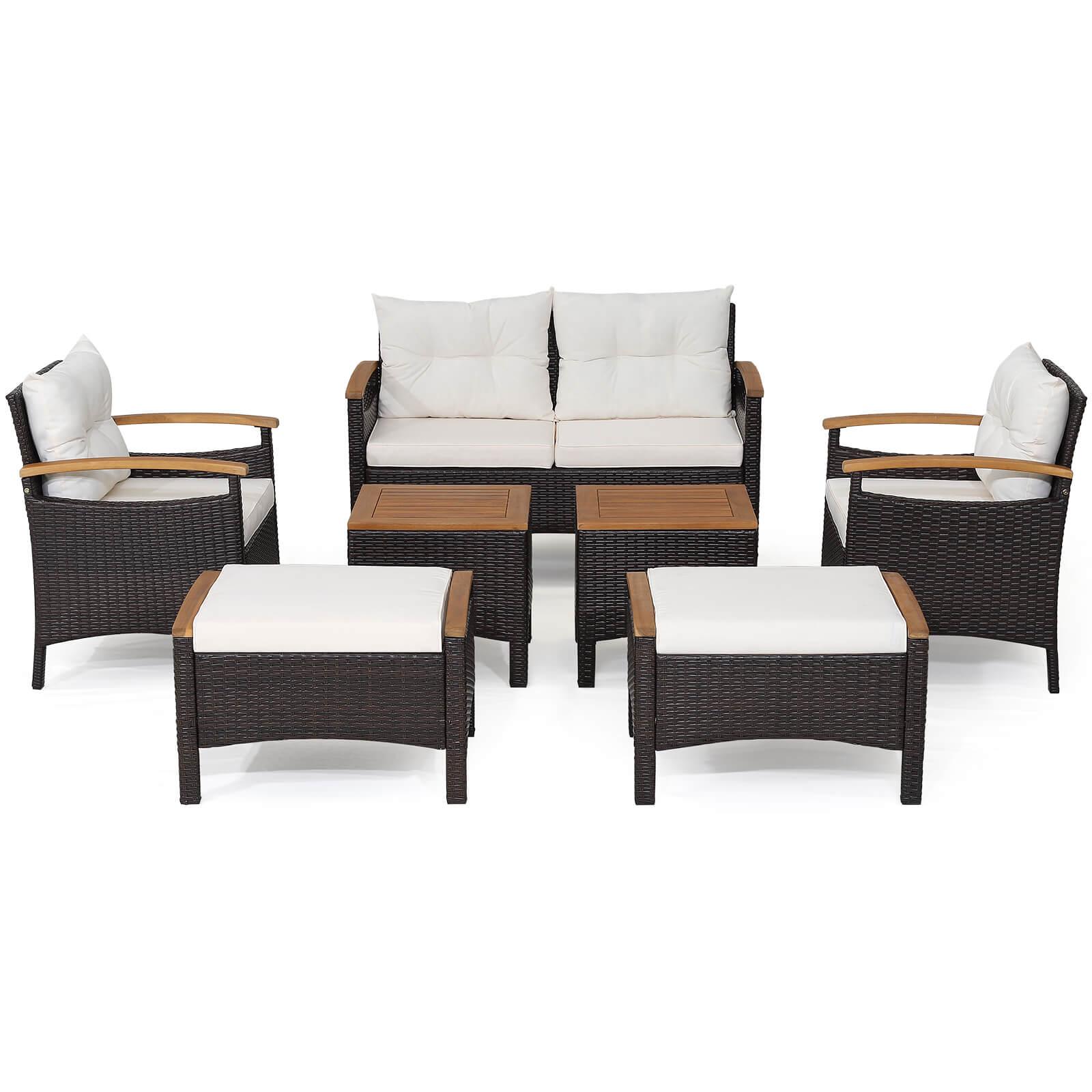7 Piece Rattan Patio Sofa Set with Acacia Wood Tabletop and Armrests at Set Shop and Smile