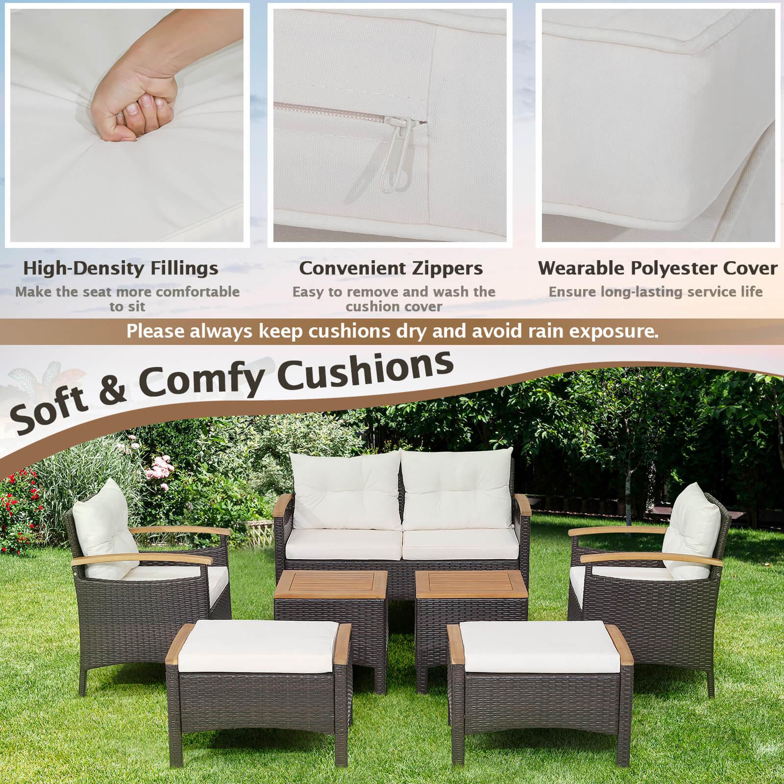 7 Piece Rattan Patio Sofa Set with Acacia Wood Tabletop and Armrests at Set Shop and Smile