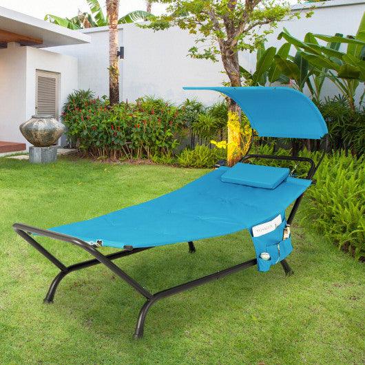 Patio Hanging Chaise Lounge Chair with Canopy Cushion Pillow and Storage Bag-Navy at Set Shop and Smile