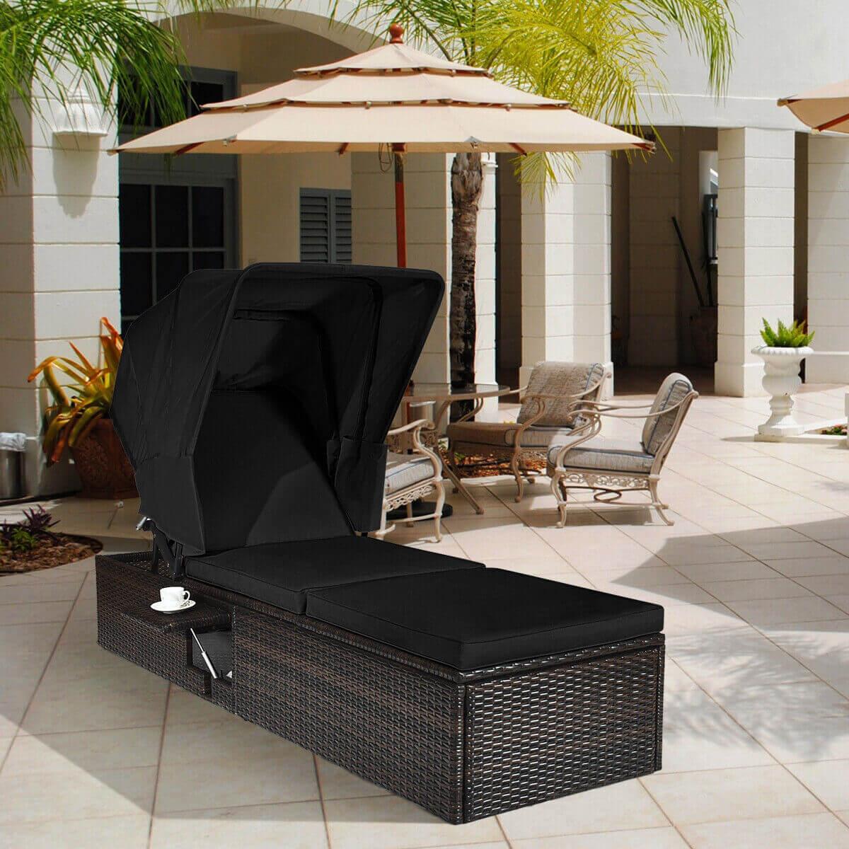 Outdoor Adjustable Cushioned Chaise Lounge Chair with Folding Canopy-Black at Set Shop and Smile