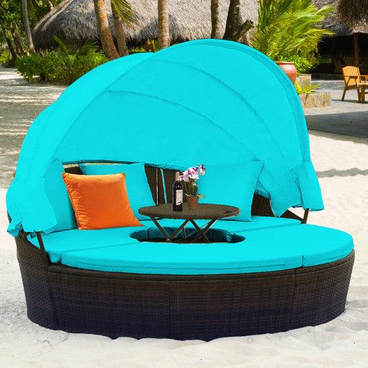 Patio Round Rattan Daybed with Retractable Canopy and Height Adjustable Coffee Table-Turquoise at Set Shop and Smile