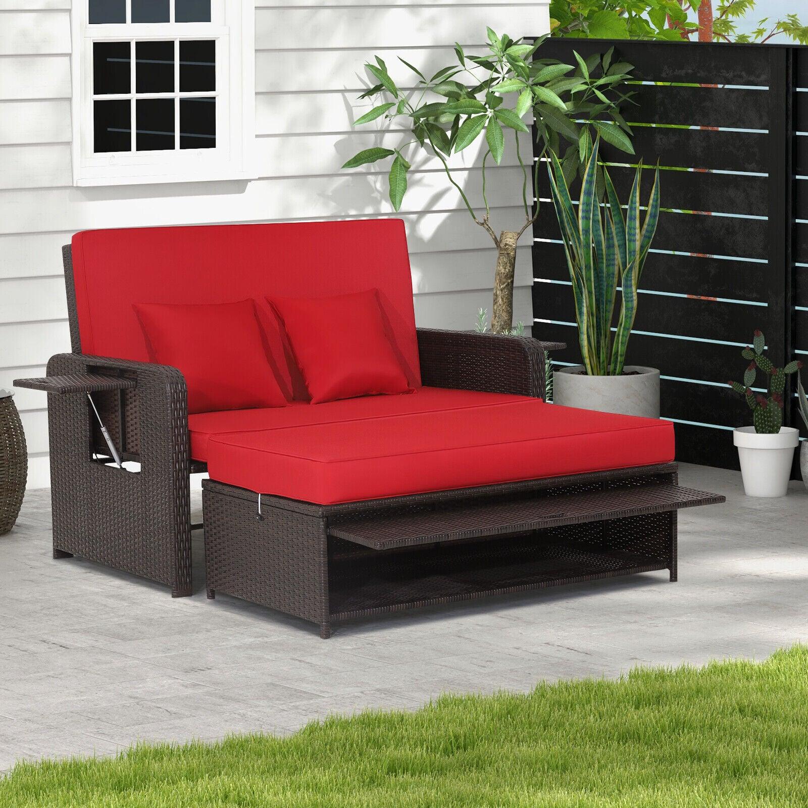 Patio Rattan Daybed with 4-Level Adjustable Backrest and Retractable Side Tray-Red at Set Shop and Smile