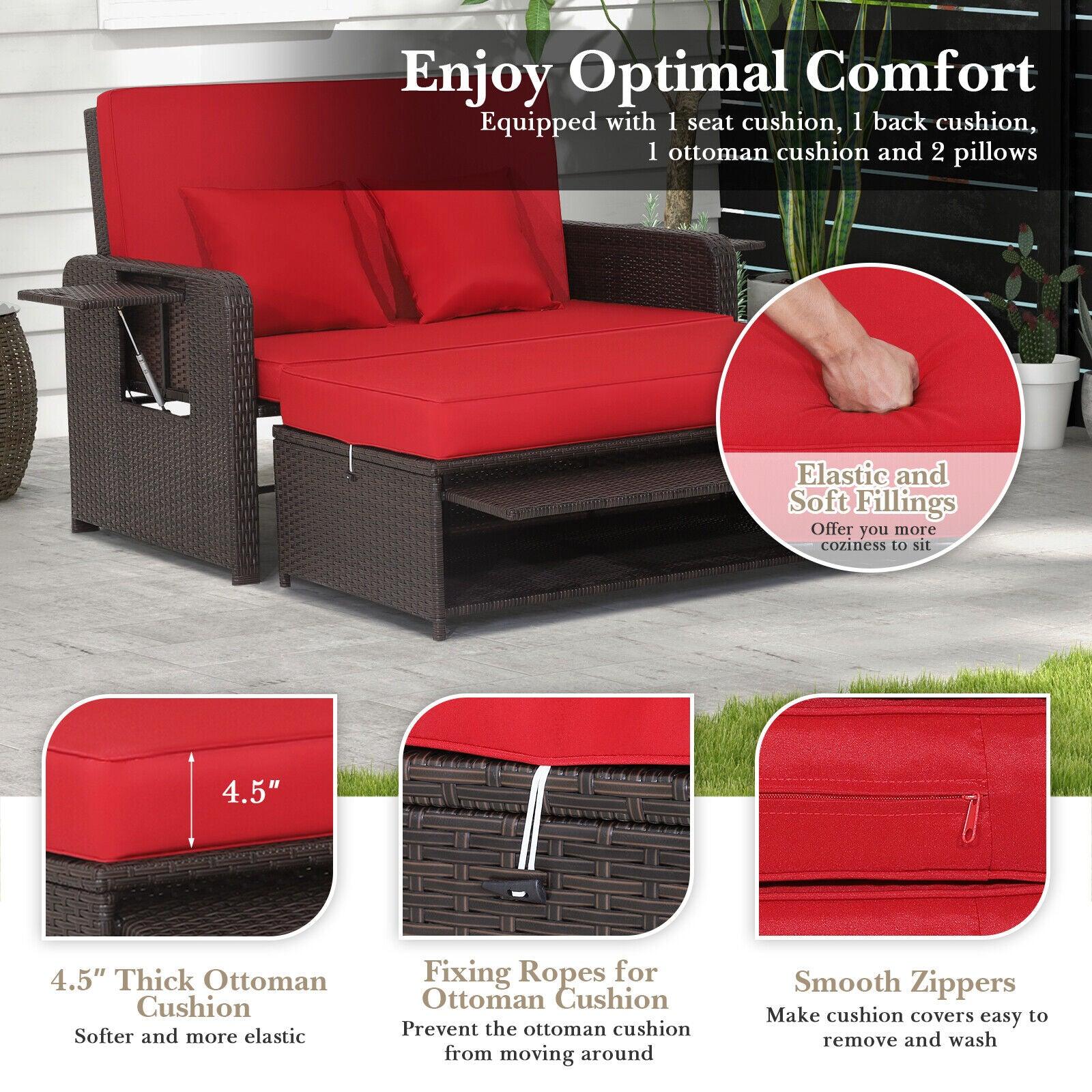 Patio Rattan Daybed with 4-Level Adjustable Backrest and Retractable Side Tray-Red at Set Shop and Smile