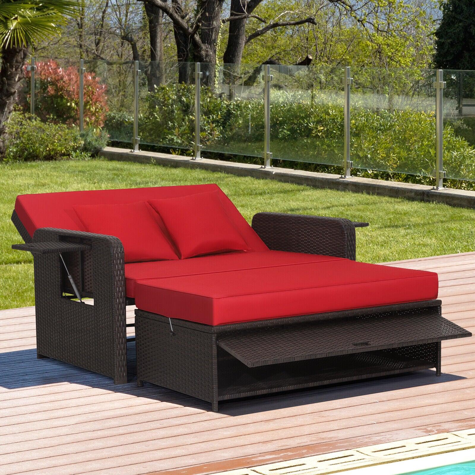 Patio Rattan Daybed with 4-Level Adjustable Backrest and Retractable Side Tray-Red at Set Shop and Smile