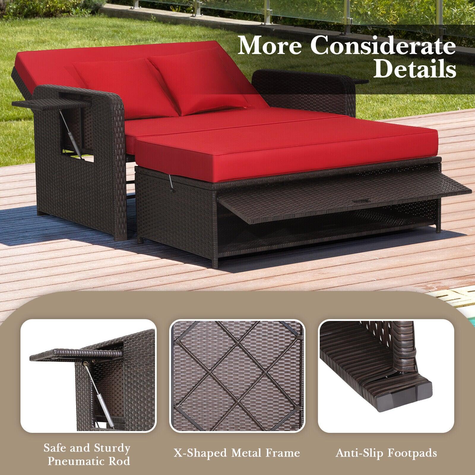 Patio Rattan Daybed with 4-Level Adjustable Backrest and Retractable Side Tray-Red at Set Shop and Smile