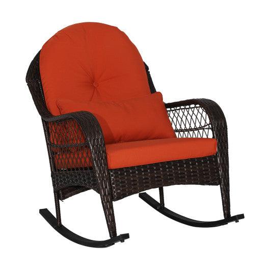 Patio Rattan Rocking Chair with Seat Back Cushions and Waist Pillow-Orange at Set Shop and Smile