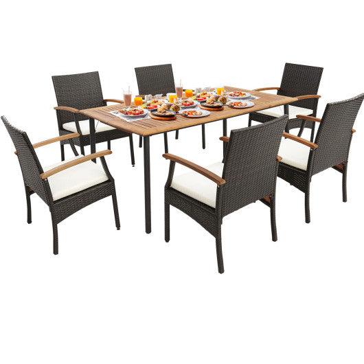 7 Pieces Patio Wicker Cushioned Dining Set with Wood Armrest and Umbrella Hole at Set Shop and Smile