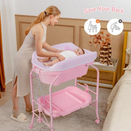 Folding Baby Changing Table with Bathtub and 4 Universal Wheels-Pink at Set Shop and Smile