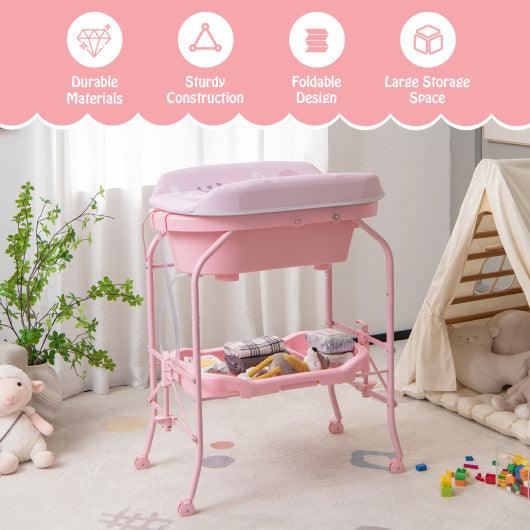 Folding Baby Changing Table with Bathtub and 4 Universal Wheels-Pink at Set Shop and Smile