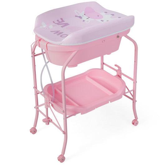 Folding Baby Changing Table with Bathtub and 4 Universal Wheels-Pink at Set Shop and Smile