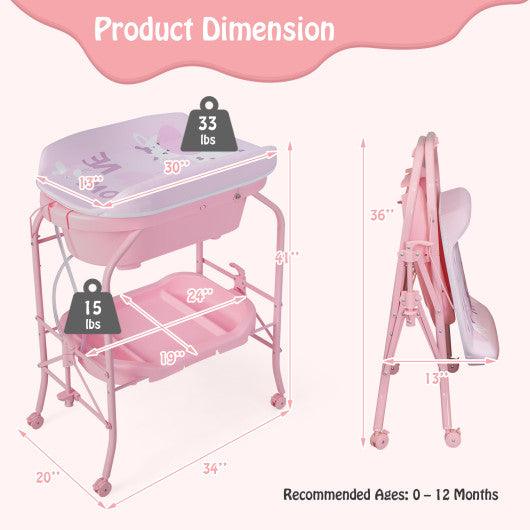 Folding Baby Changing Table with Bathtub and 4 Universal Wheels-Pink at Set Shop and Smile