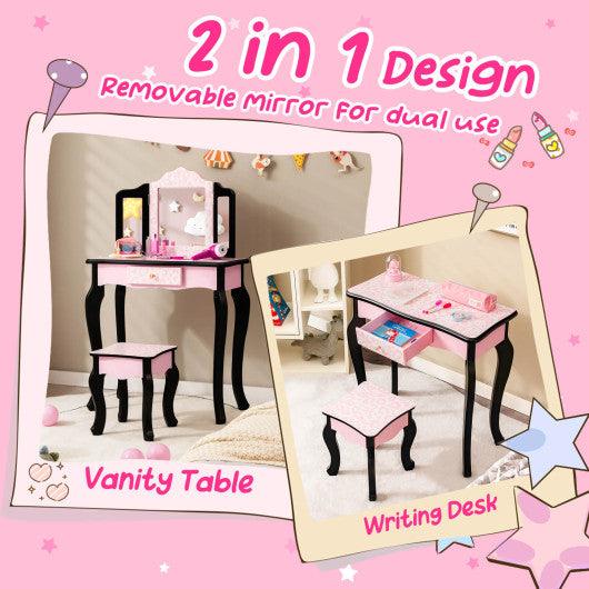 Kid Vanity Set with Tri-Folding Mirror and Leopard Print-Pink at Set Shop and Smile