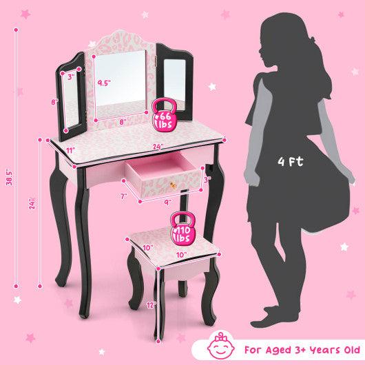 Kid Vanity Set with Tri-Folding Mirror and Leopard Print-Pink at Set Shop and Smile