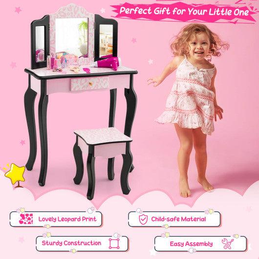 Kid Vanity Set with Tri-Folding Mirror and Leopard Print-Pink at Set Shop and Smile